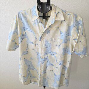 PANAMA JACK RESORT MEN SIZE L BLUE AND CREAM FOLAGE PRINT 100% COTTON SHIRT